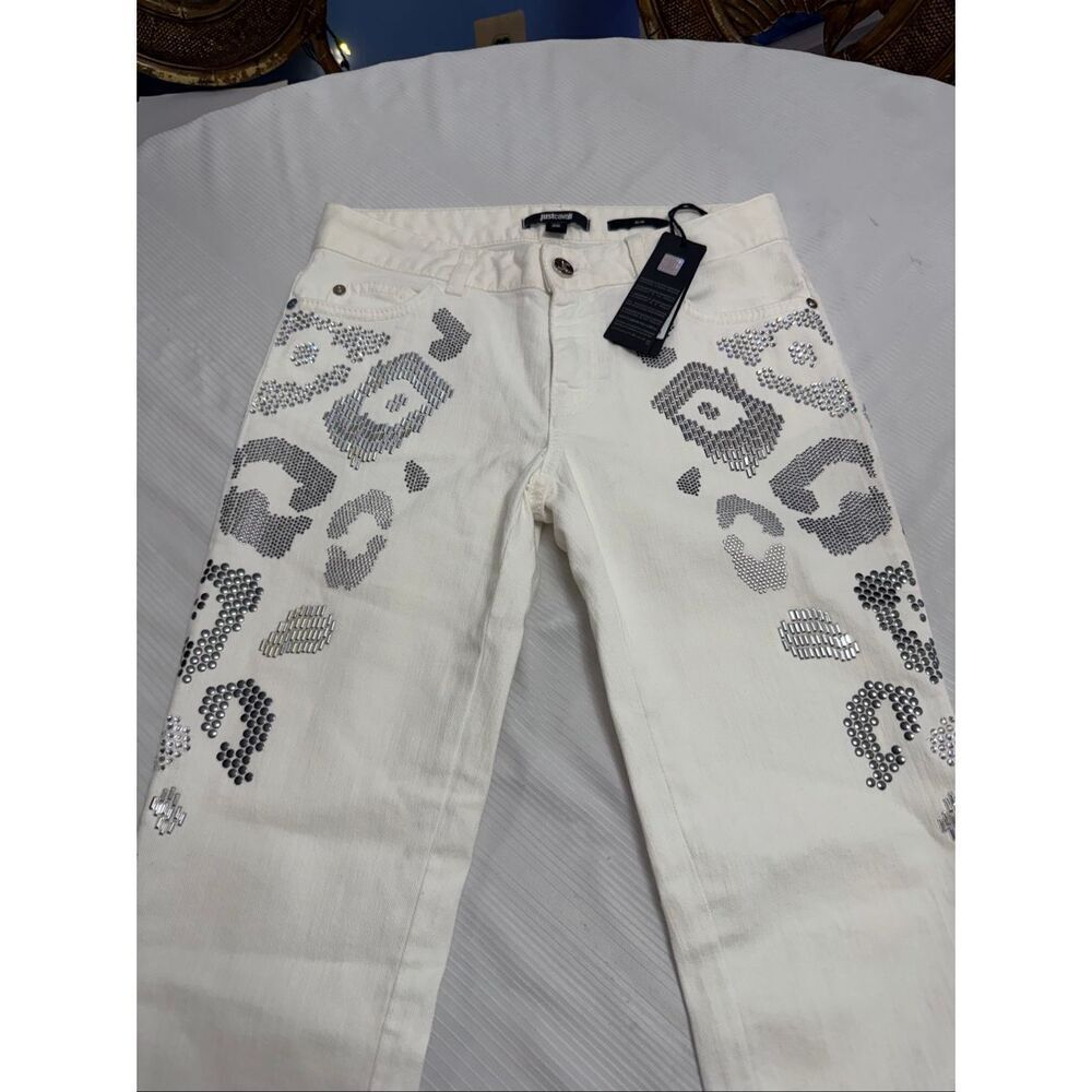 NWT Just Cavalli Slim White Crystal Embellished Jeans Size 26 New